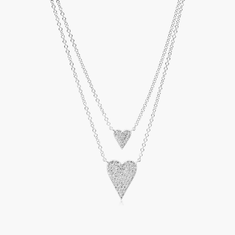 14K White Gold Two Hearts in One Layered Diamond Necklace