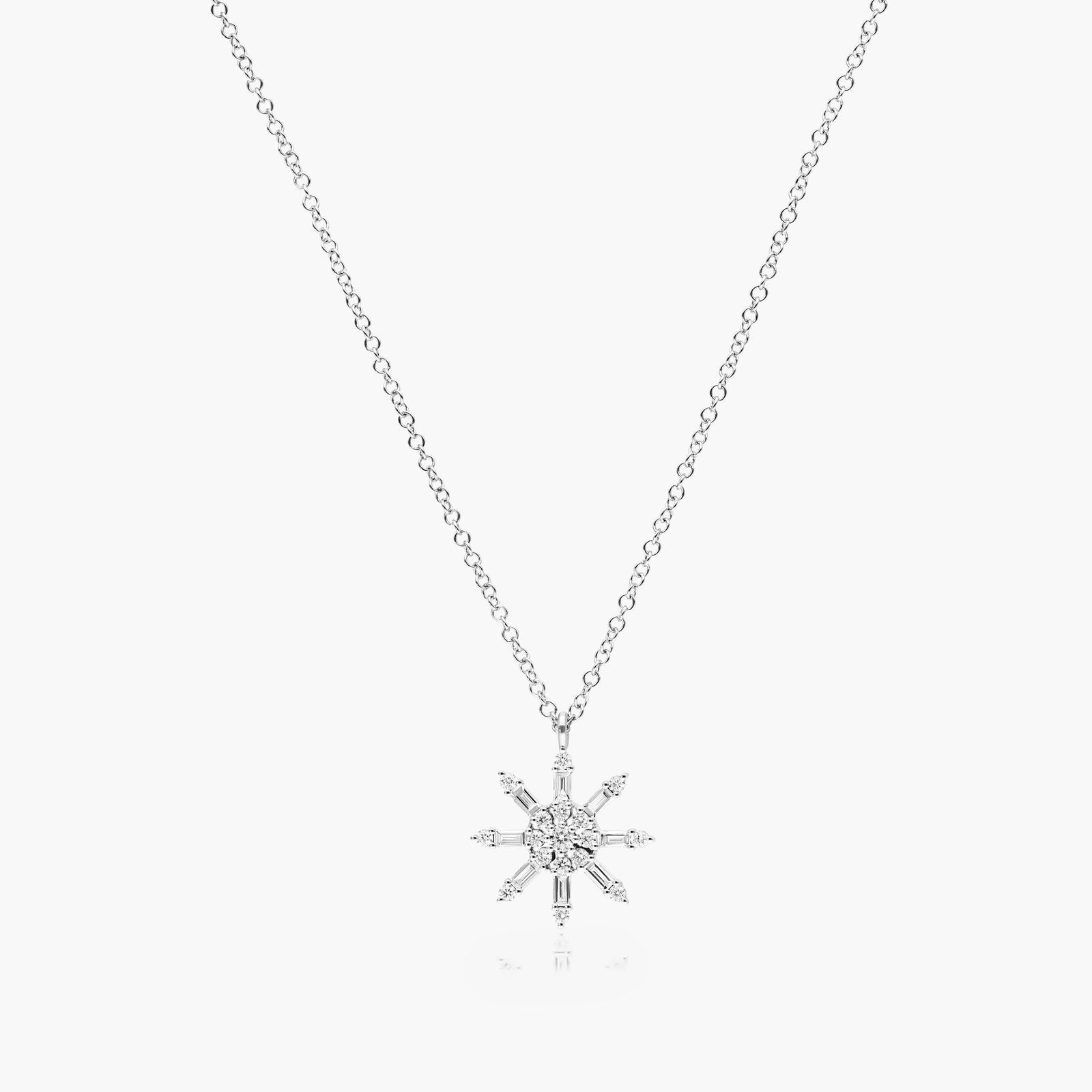 14K White Gold Bagguete and Round Sunburst Diamond Necklace Image-0