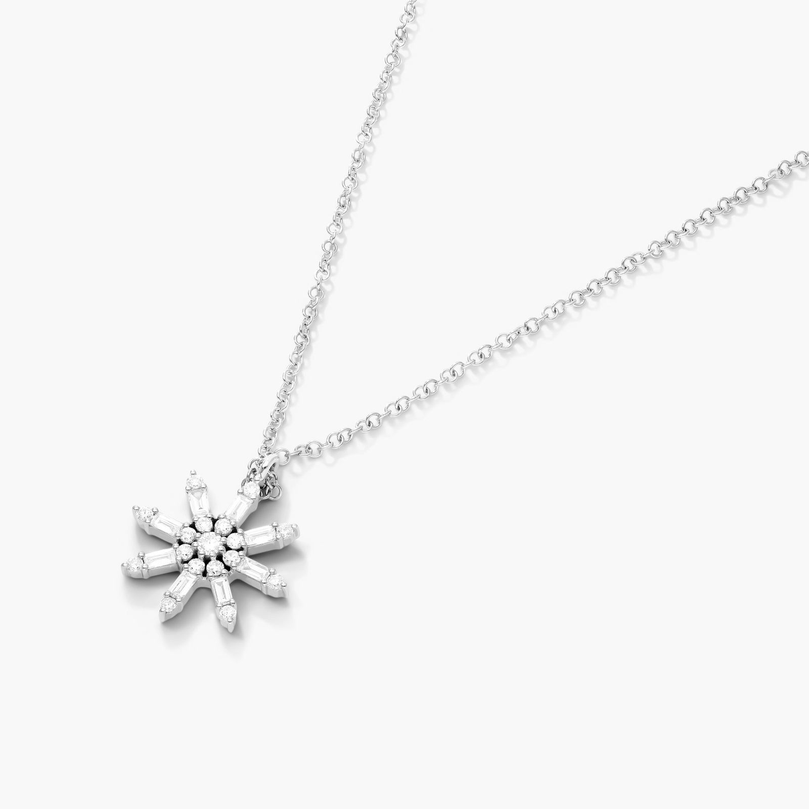 14K White Gold Bagguete and Round Sunburst Diamond Necklace Image-1