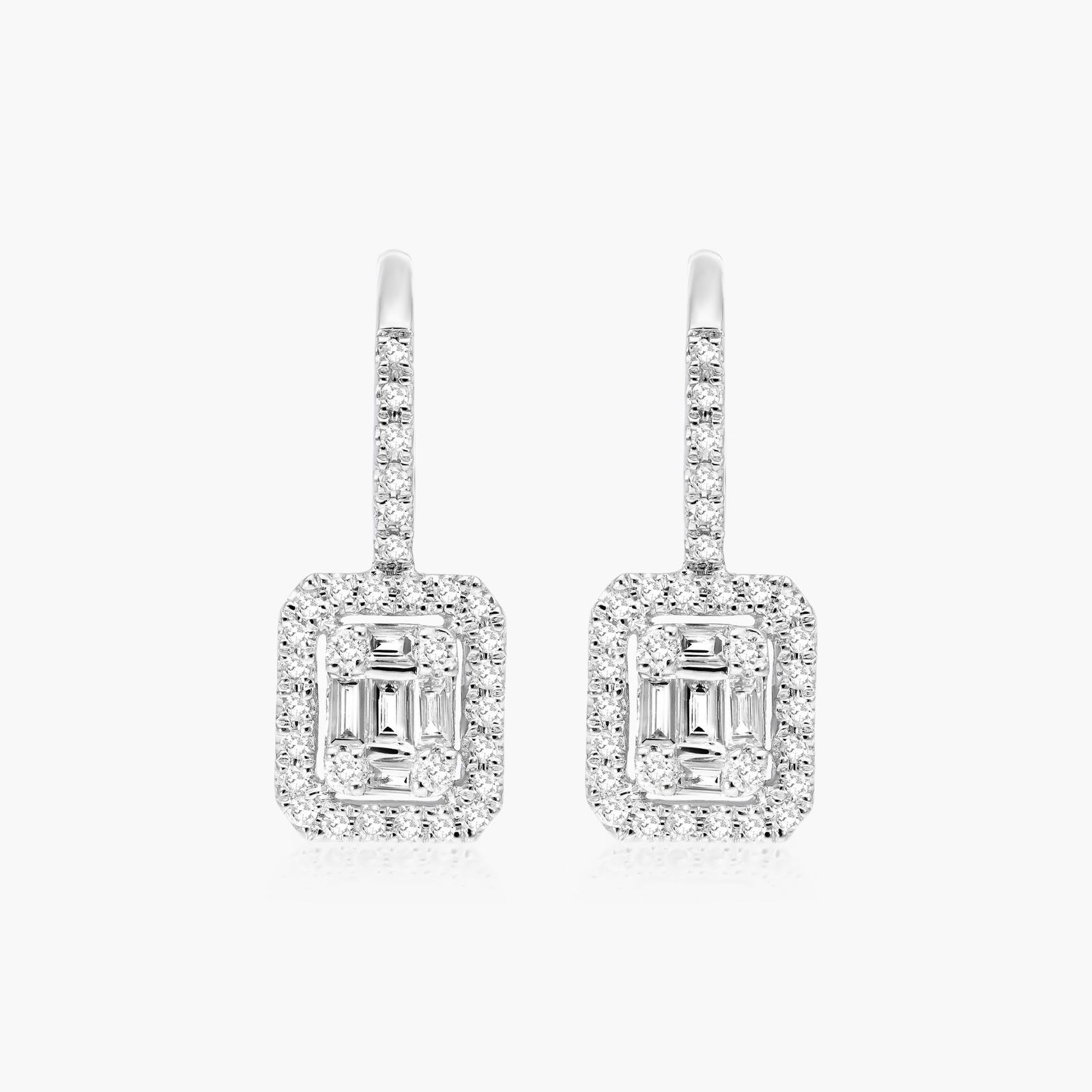 14K White Gold Baguette and Round Composite Leverback Earrings Image-0