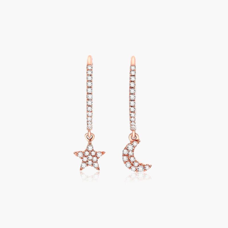 14K Rose Gold Dangling Diamond Star and Moon Huggie Hoop Earrings