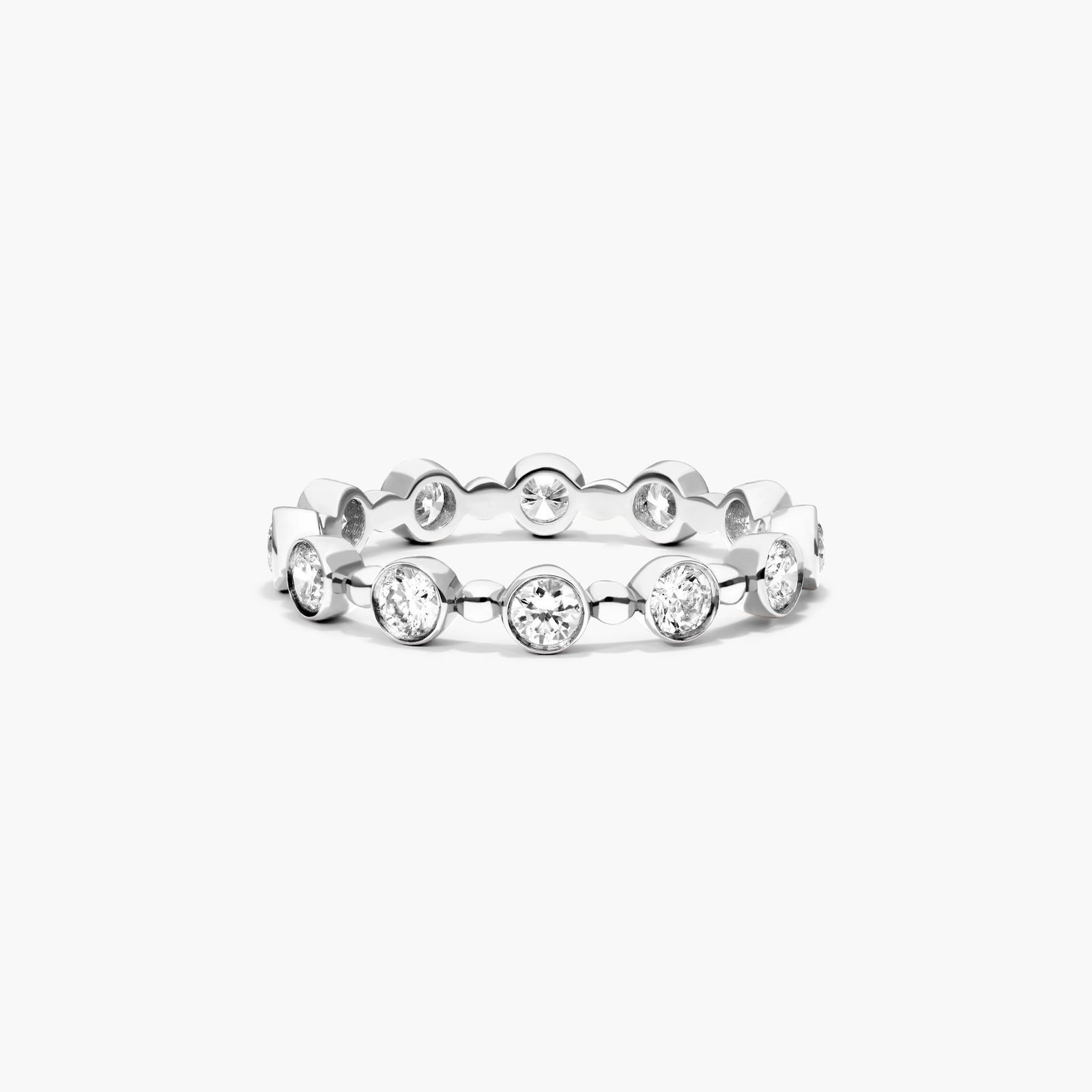 14K White Gold Alternating Bead and Bezel Set Round Diamond Ring-81461w14