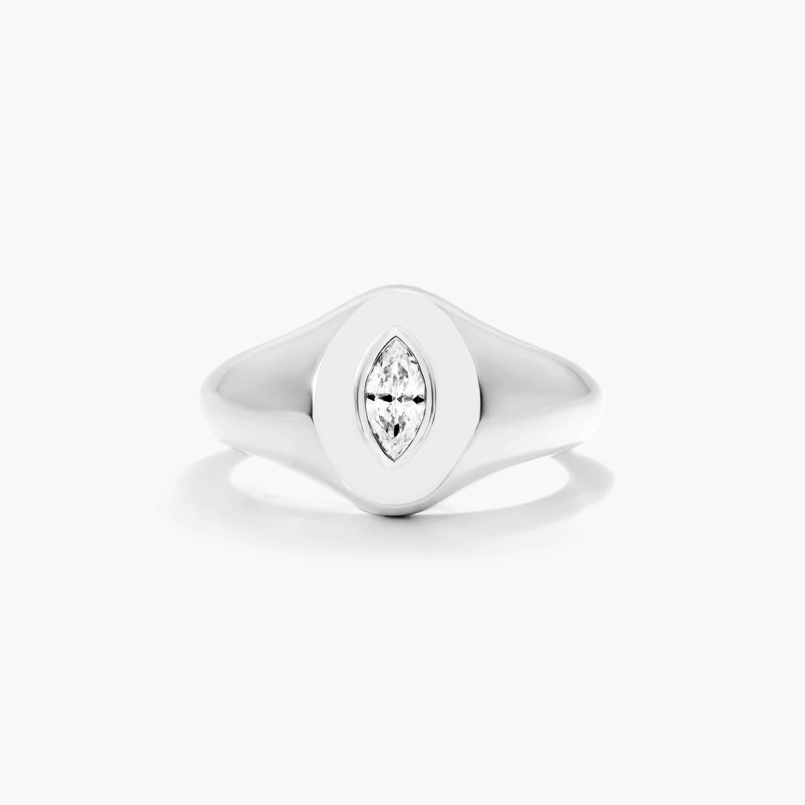 14K White Gold Marquise Cut Diamond Signet Ring