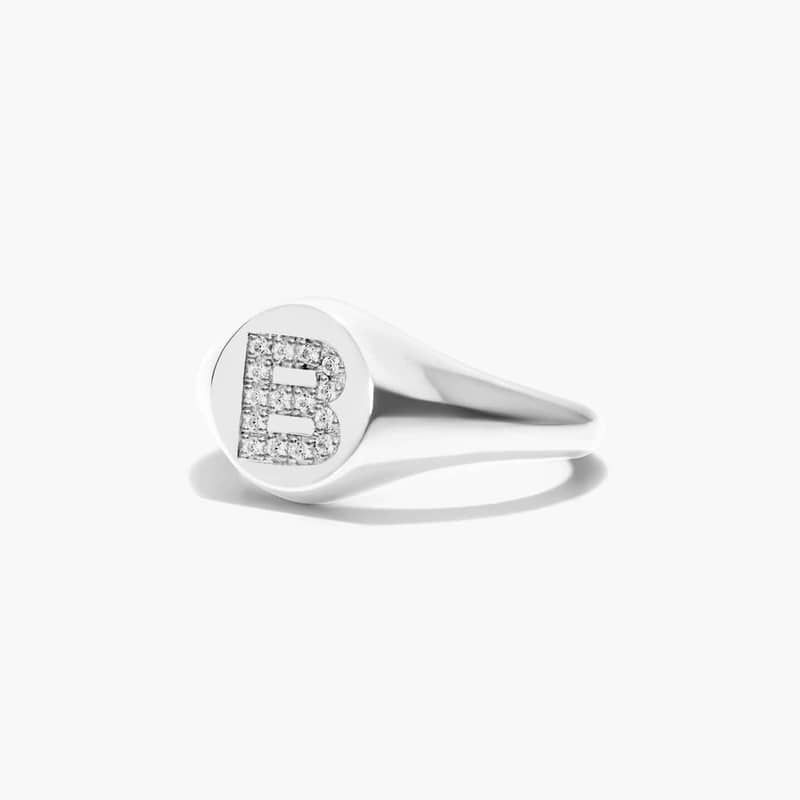 14K White Gold Diamond B Initial Signet Ring