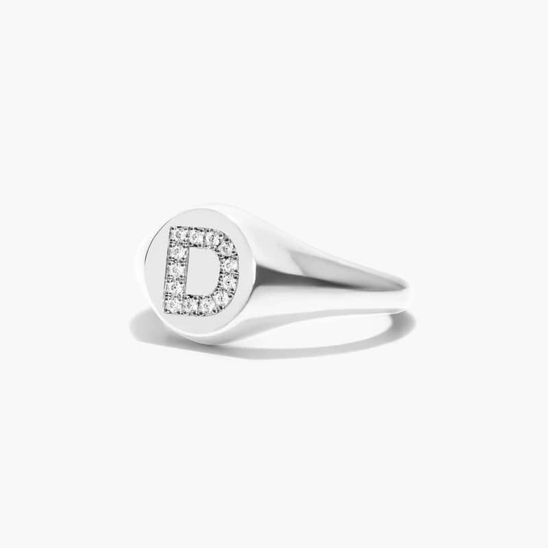 14K White Gold Diamond D Initial Signet Ring