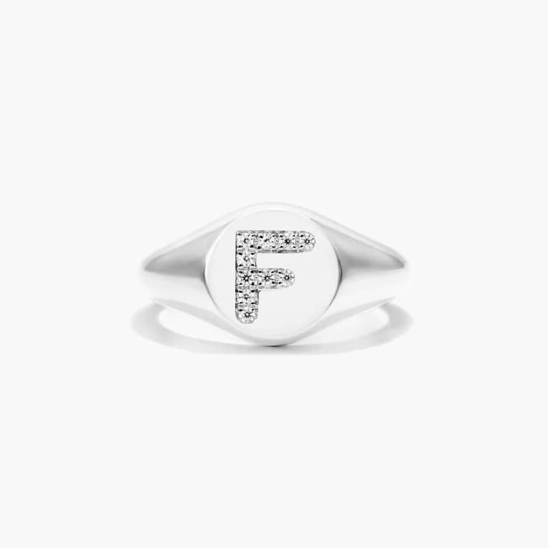 14K White Gold Diamond F Initial Signet Ring