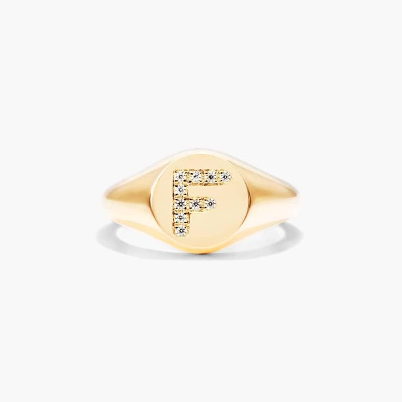 14K Yellow Gold Diamond F Initial Signet Ring