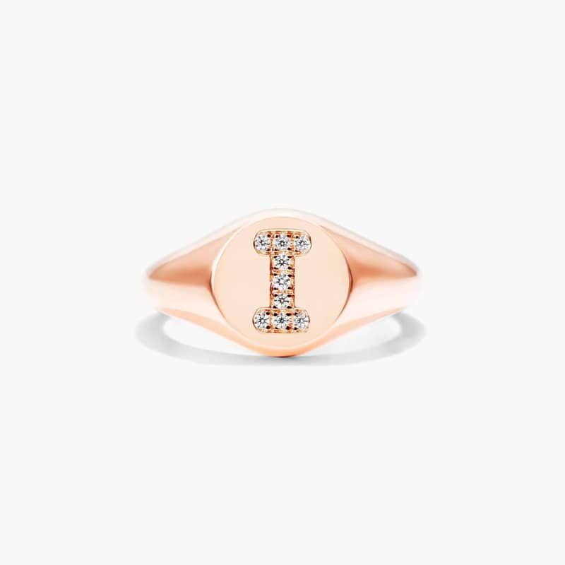 14K Rose Gold Diamond I Initial Signet Ring