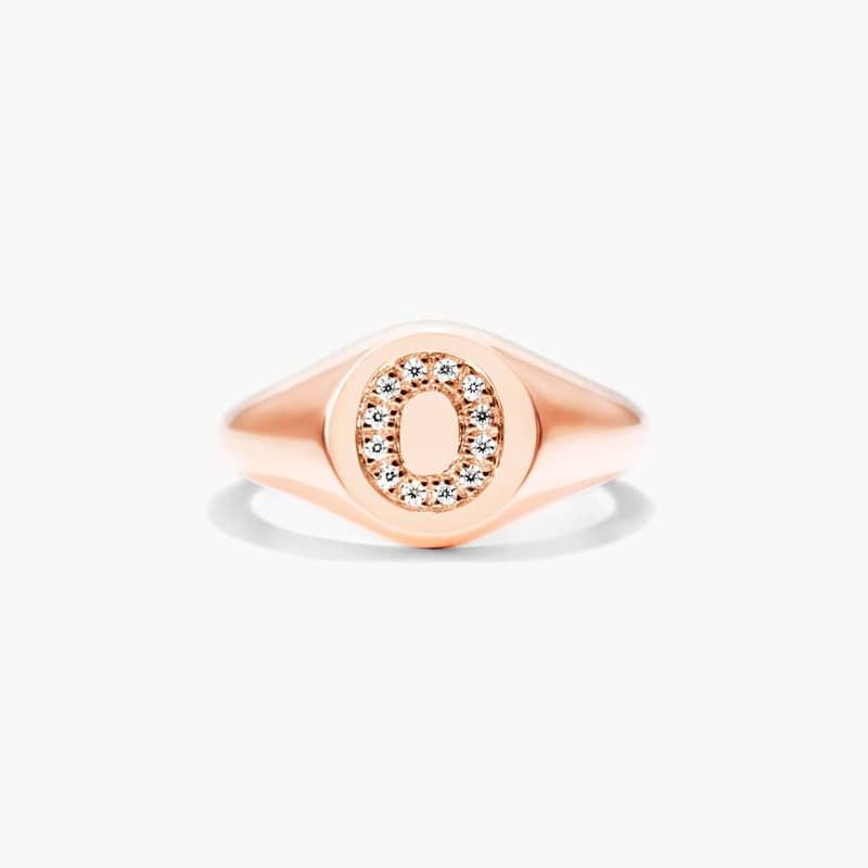 14K Rose Gold Diamond O Initial Signet Ring