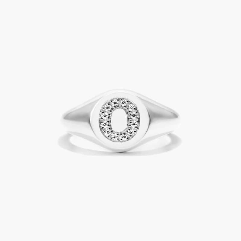 14K White Gold Diamond O Initial Signet Ring