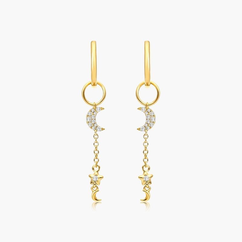 14K Yellow Gold Moon & Star Huggie Drop Earrings by Brevani