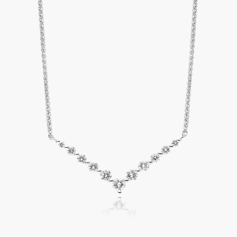 14K White Gold V Bar Graduated Diamond Necklace