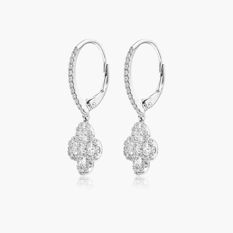 14K White Gold Clover Leverback Lab-Created Diamond Earrings