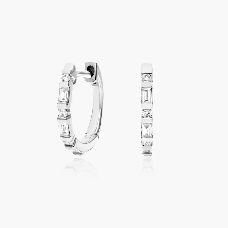 14K White Gold Baguette Huggie Hoop Earrings