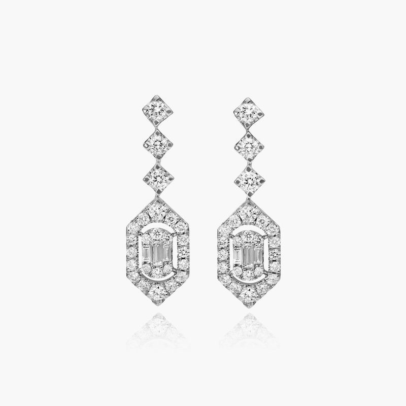14K White Gold Art Deco Composite Diamond Drop Earrings