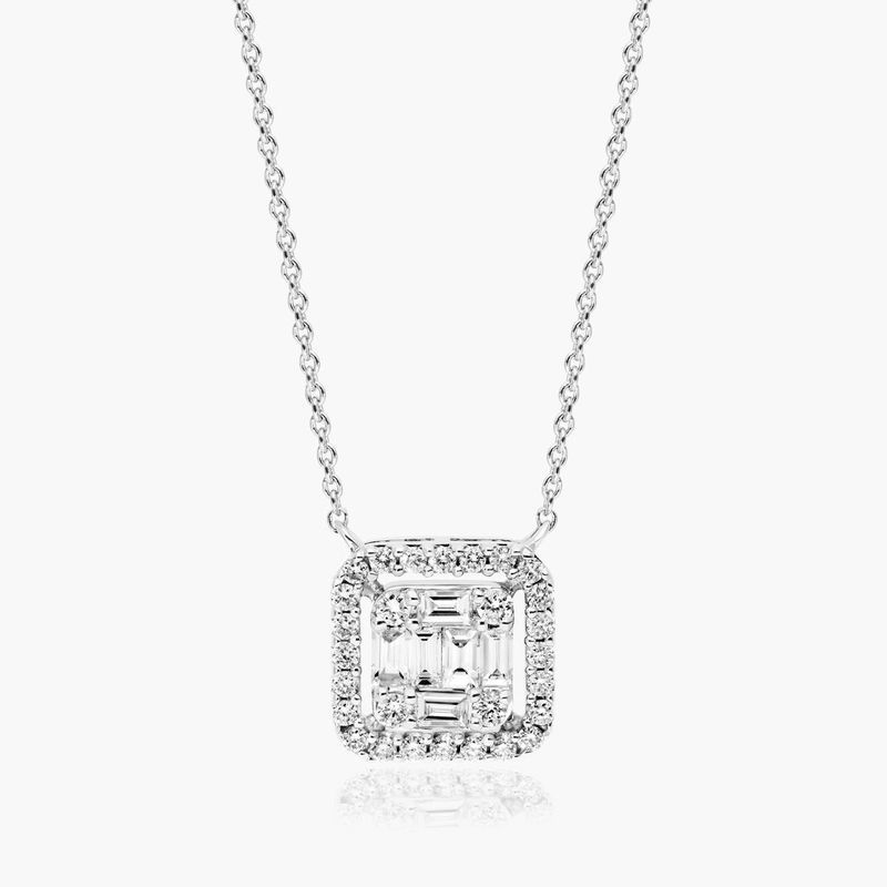14K White Gold Square Composite Diamond Necklace