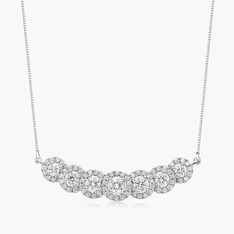 14K White Gold Seven Stone Halo Lab-Created Diamond Necklace