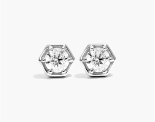 14K White Gold Hexagon Frame Solitaire Diamond Stud Earrings