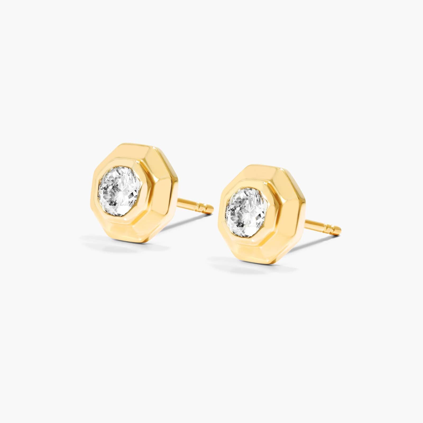 14K Yellow Gold Diamond Solitaire Octagon Frame Stud Earrings Image-1