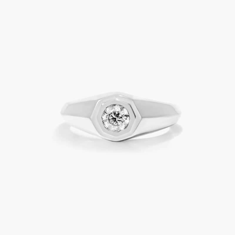 14K White Gold Octagonal Frame Solitaire Diamond Ring