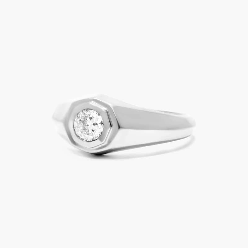 14K White Gold Octagonal Frame Solitaire Diamond Ring