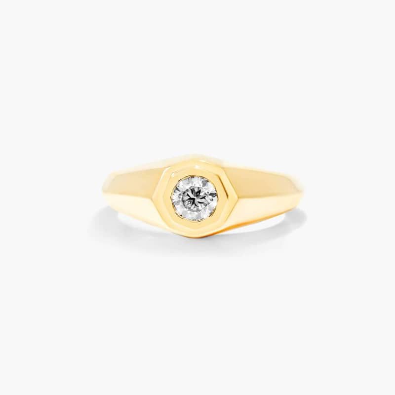 14K Yellow Gold Octagonal Frame Solitaire Diamond Ring