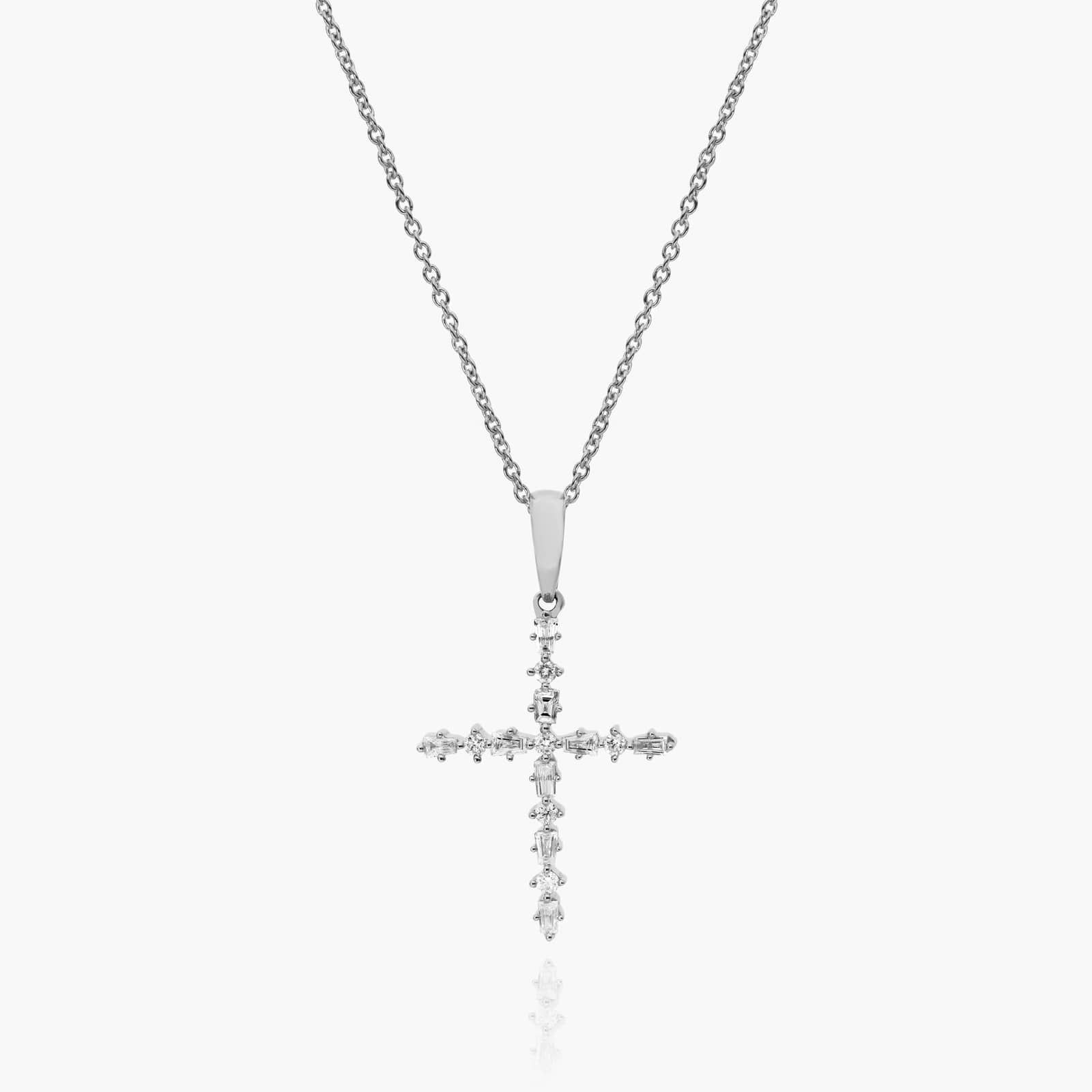 14K White Gold Alternating Diamond Cross Necklace Image-0