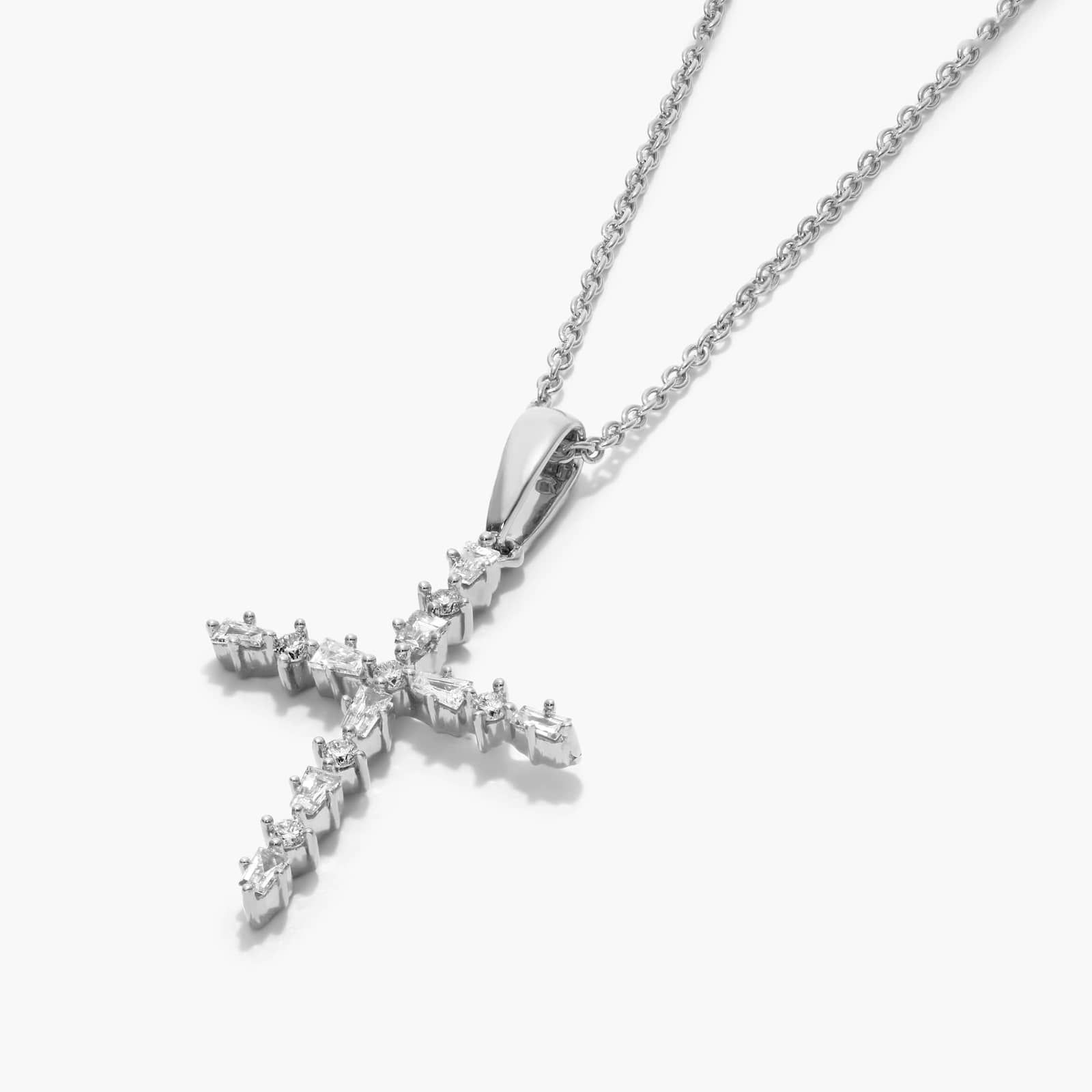 14K White Gold Alternating Diamond Cross Necklace Image-1