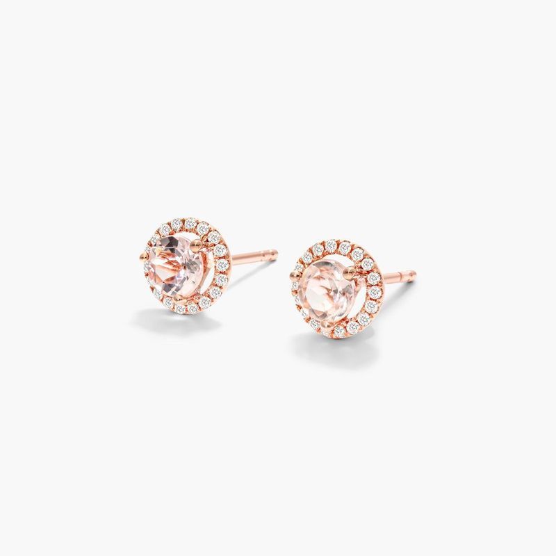 Round Morganite And Diamond Halo Stud Earrings In 14K Rose Gold