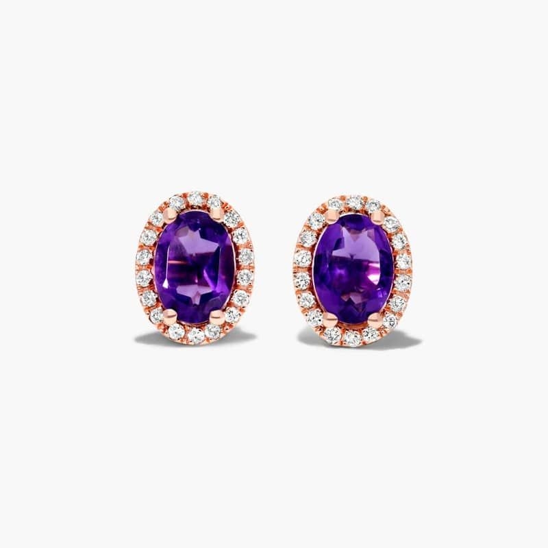 14K Rose Gold Oval Halo Amethyst and Diamond Stud Earrings