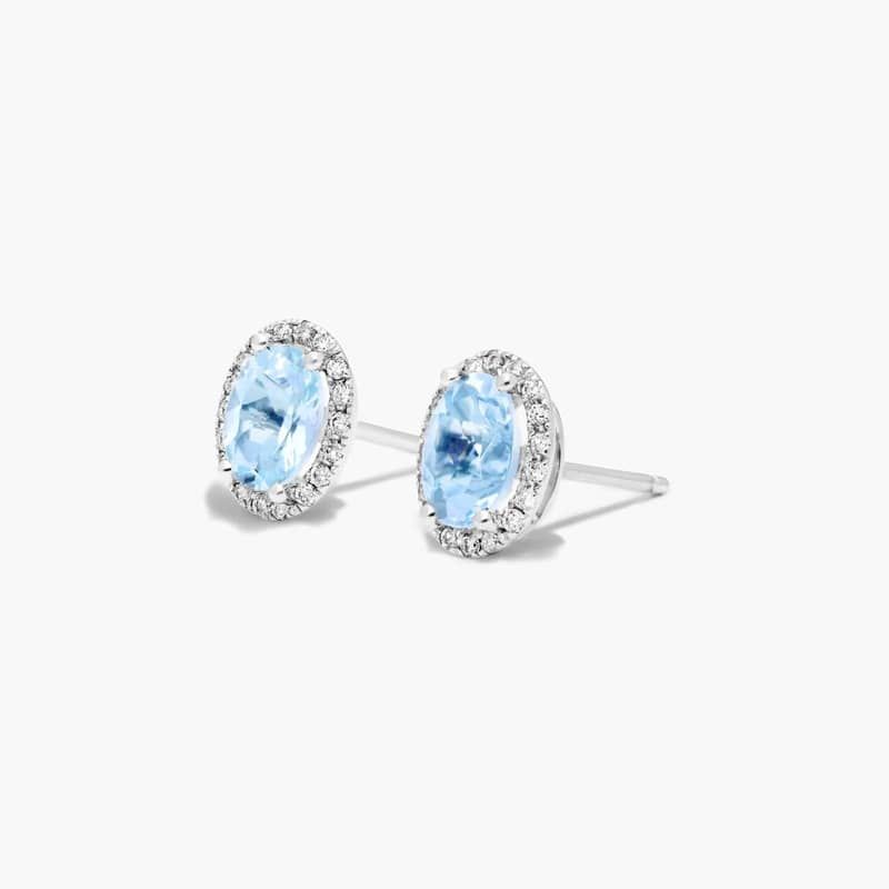 14K White Gold Oval Halo Aquamarine and Diamond Stud Earrings