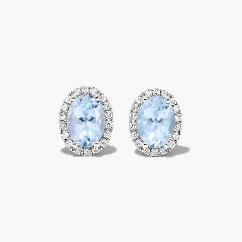 14K White Gold Oval Halo Aquamarine and Diamond Stud Earrings