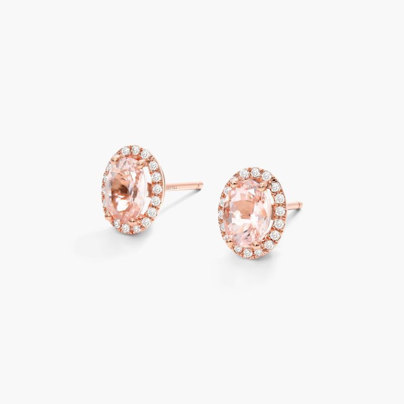 Oval Cut Morganite And Diamond Halo Stud Earrings In 14K Rose Gold