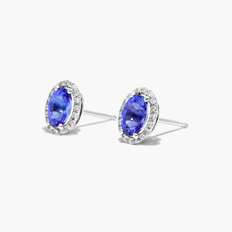 14K White Gold Oval Halo Tanzanite and Diamond Stud Earrings