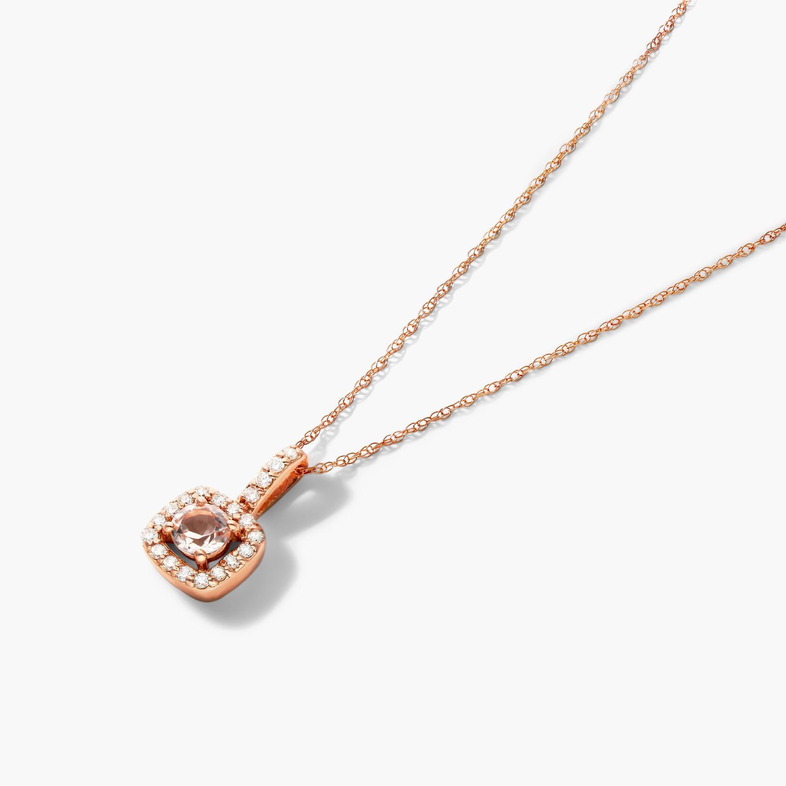 14K Rose Gold Cushion Outline Halo Morganite and Diamond Necklace (4mm) Image-1