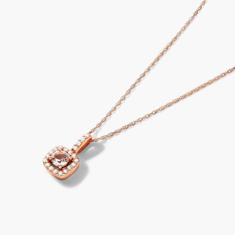 14K Rose Gold Cushion Outline Halo Morganite and Diamond Necklace (4mm)