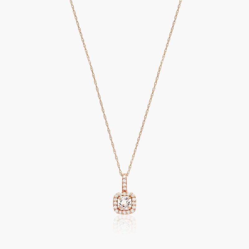 14K Rose Gold Cushion Outline Halo Morganite and Diamond Necklace (4mm)