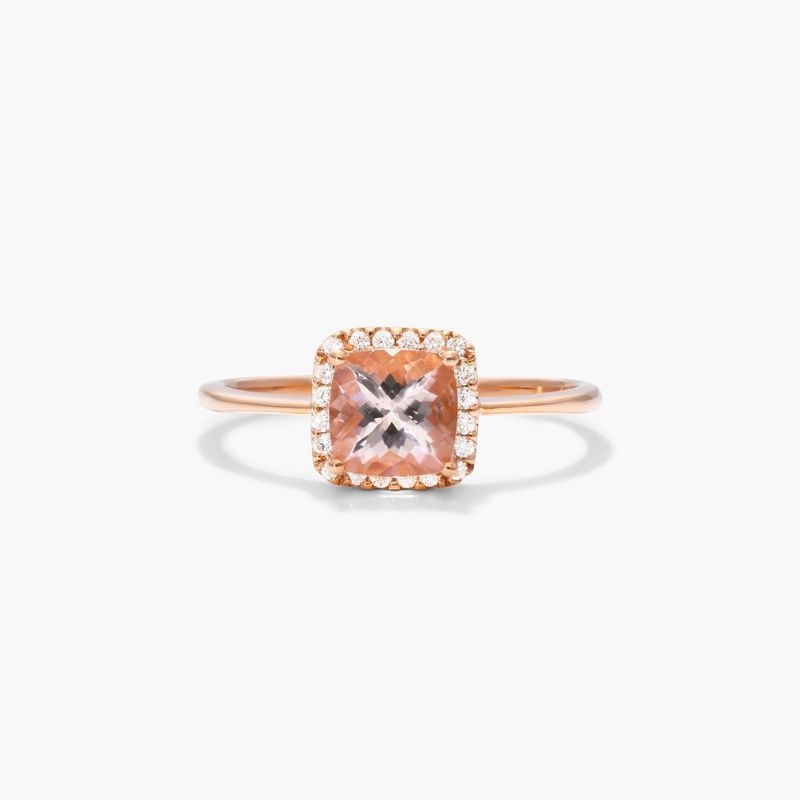 14K Rose Gold Cushion Halo Morganite and Diamond Ring (6.0x6.0mm)