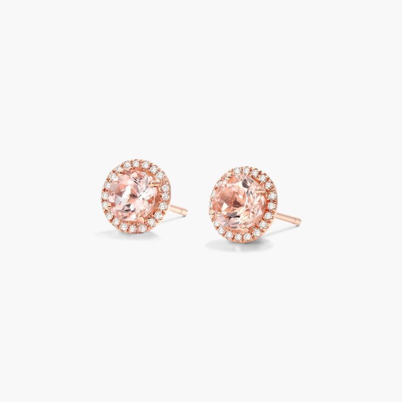 14K Rose Gold Round Halo Morganite and Diamond Stud Earrings (6mm)