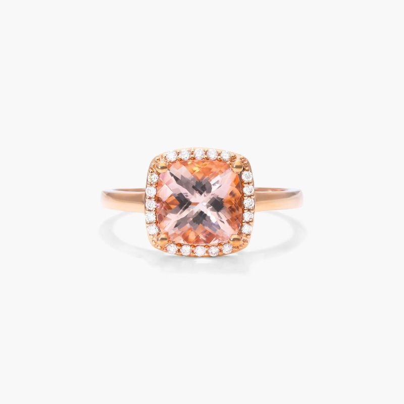 14K Rose Gold Cushion Halo Morganite and Diamond Ring (8.0x8.0mm)