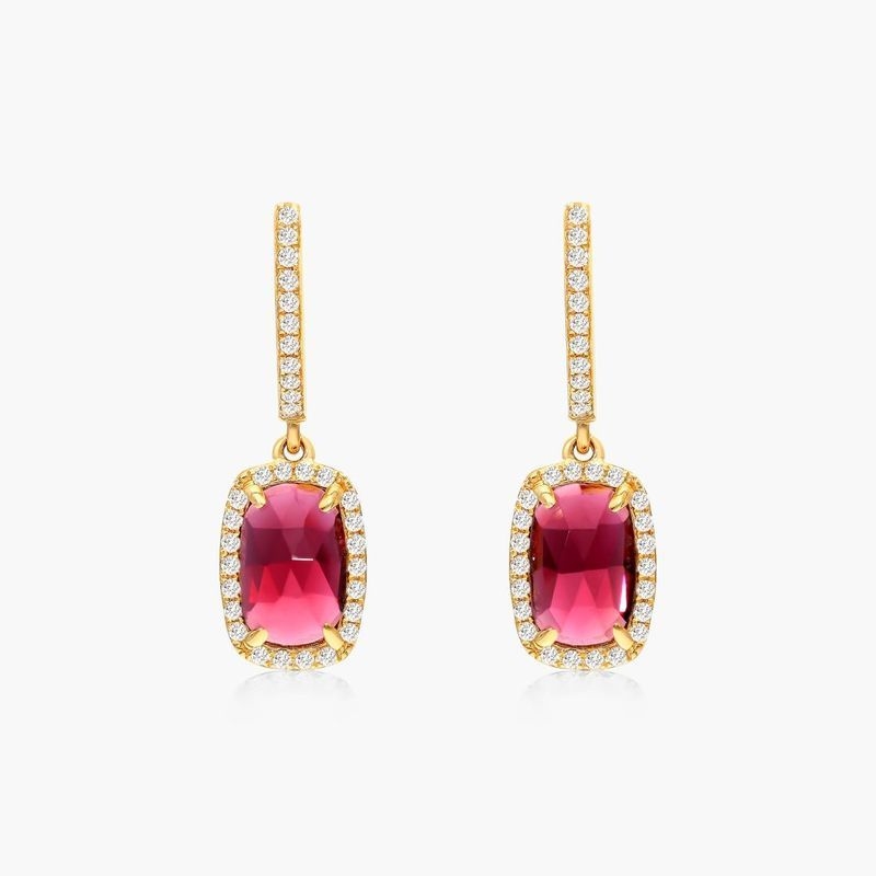 14K Yellow Gold Elongated Cushion Halo Garnet and Diamond Drop Earrings (8.0x5.0mm)