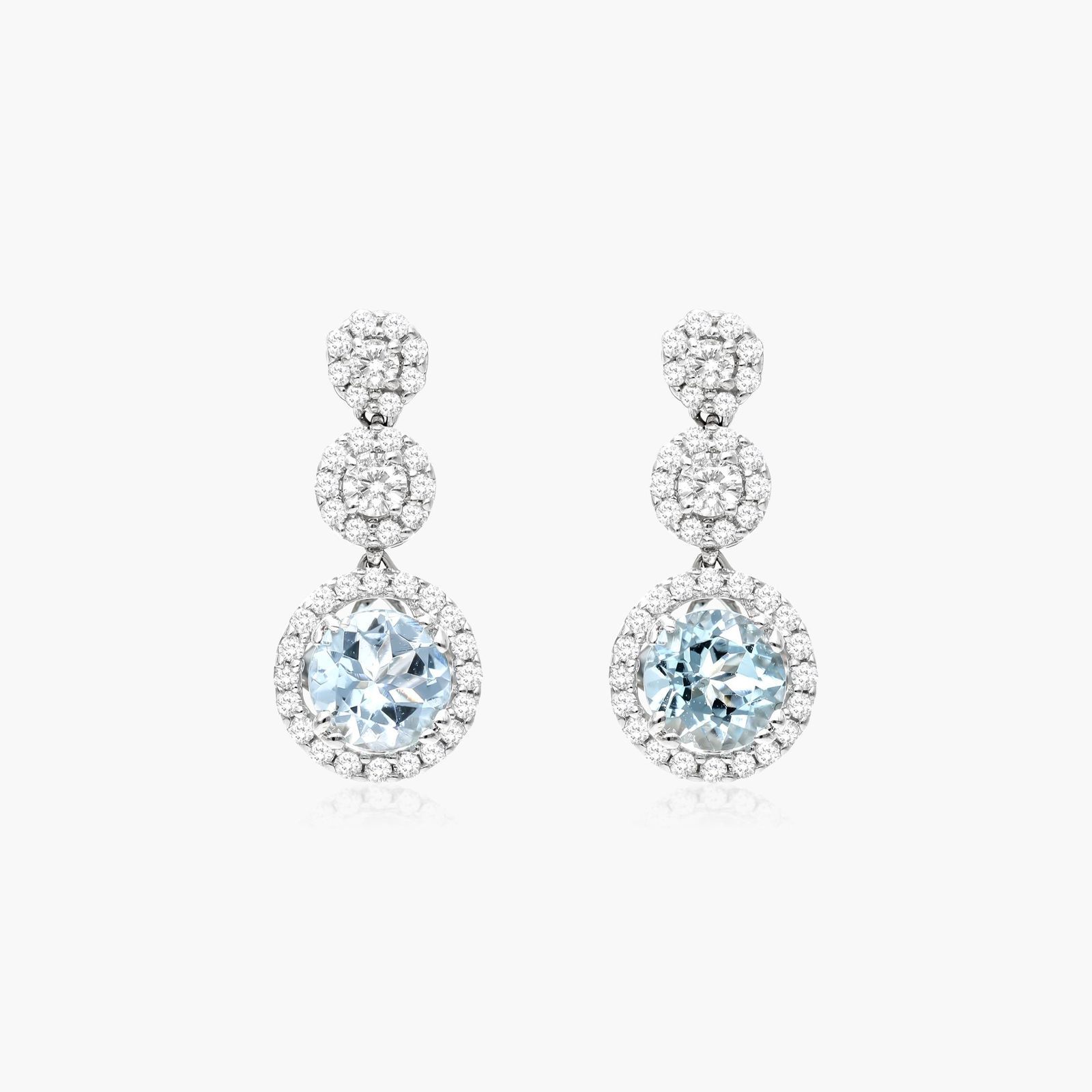 14K White Gold Graduated Round Trio Halo Aquamarine and Diamond Drop ...