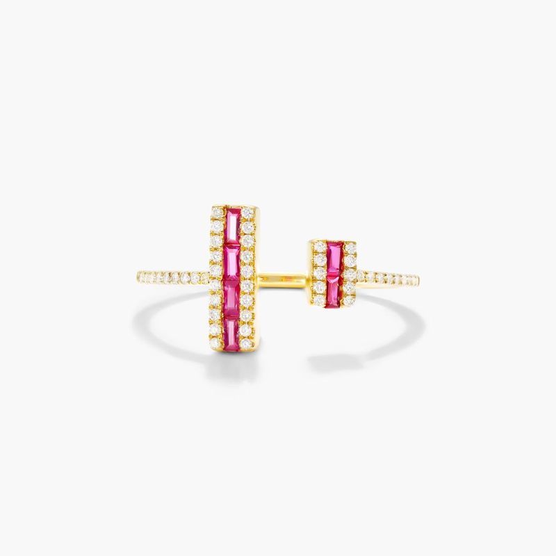 14k Yellow Gold Open Double Bar Ruby and Diamond Ring
