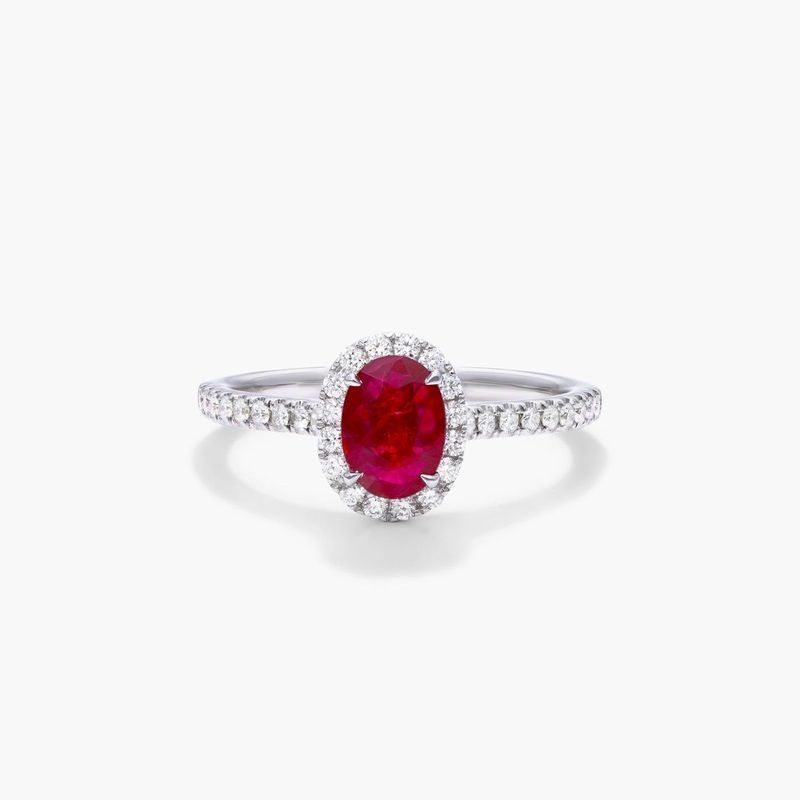 18K White Gold Oval Halo Ruby and Diamond Ring (7.0x5.0mm)