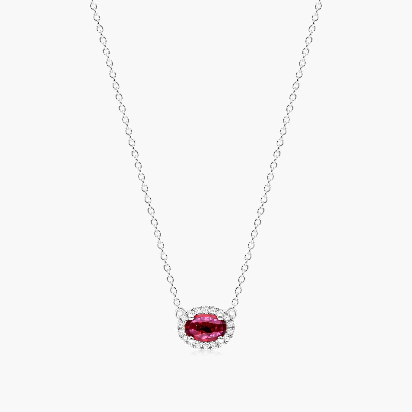 18K White Gold East West Set Oval Halo Ruby and Diamond Necklace (6.0x4.0mm) Image-0