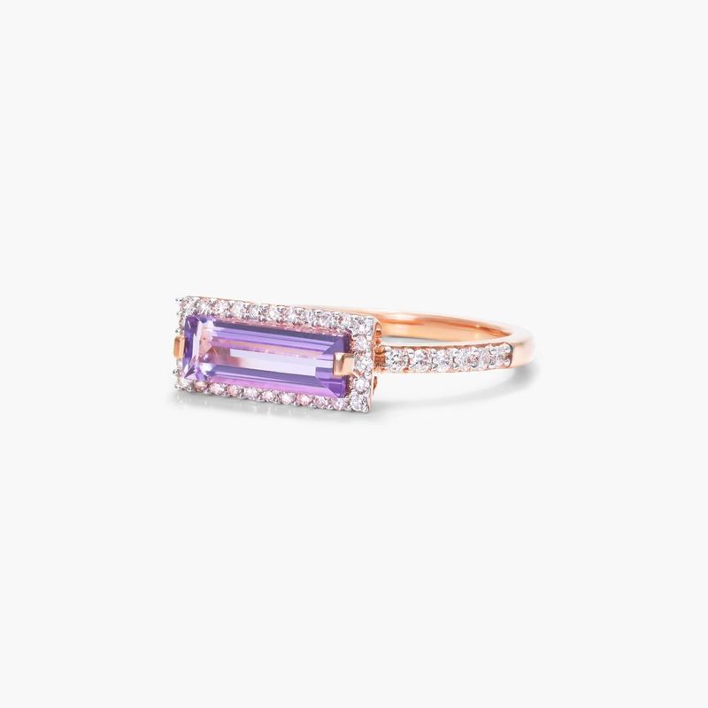 East-West Emerald Cut Amethyst And Diamond Halo Bar Ring In 14K Rose Gold East-West Emerald Cut Amethyst And Diamond Halo Bar Ring In 14K Rose Gold