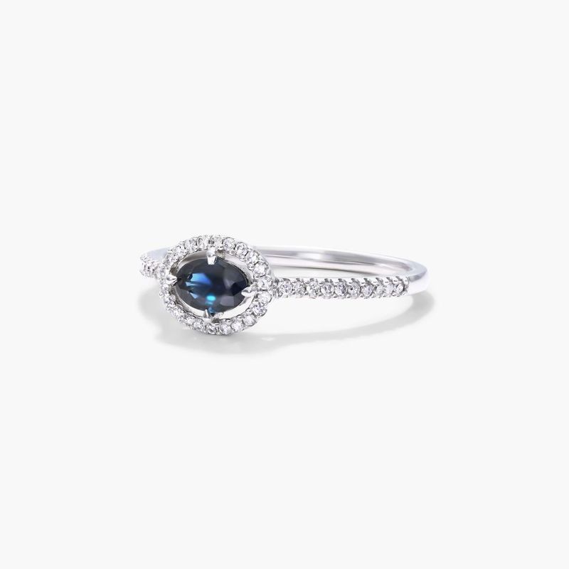 East-West Sapphire And Diamond Floating Halo Ring In 14K White Gold