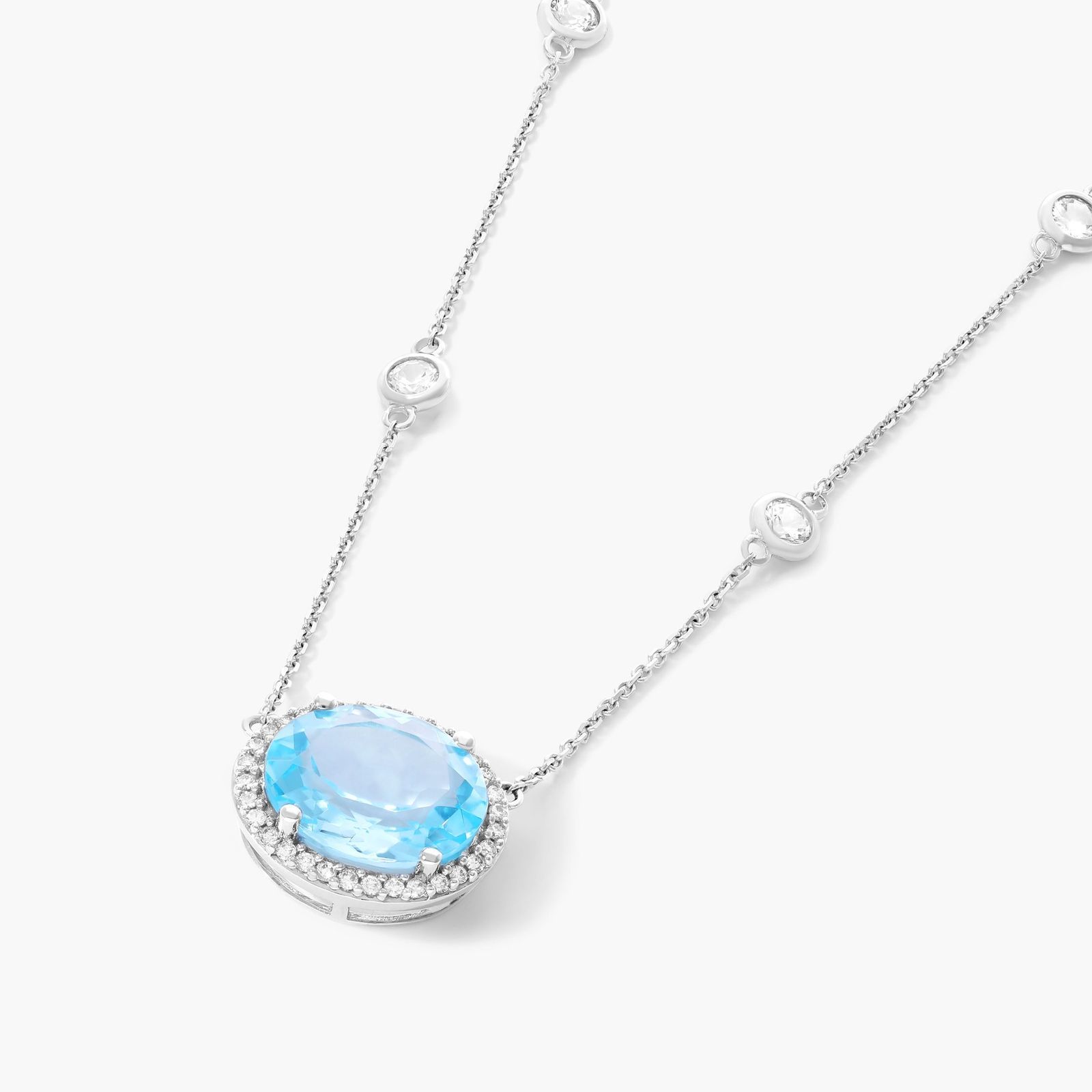 14K White Gold Blue Topaz, Diamond and White Sapphire Station Necklace (12.0x10.0mm) Image-1