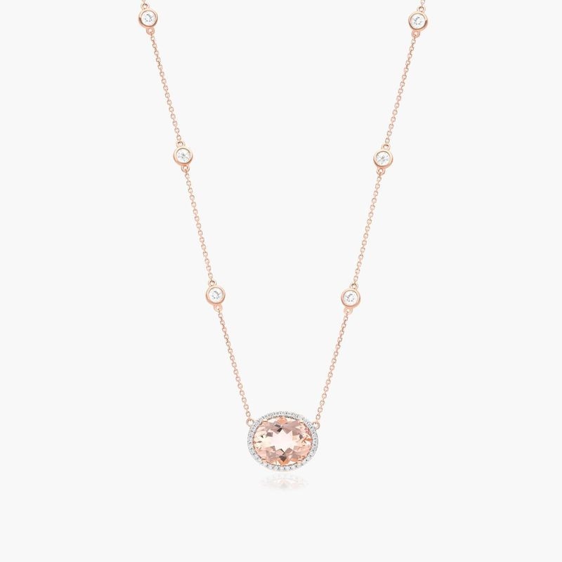 14K Rose Gold Morganite, Diamond and White Sapphire Station Necklace (12.0x10.0mm)