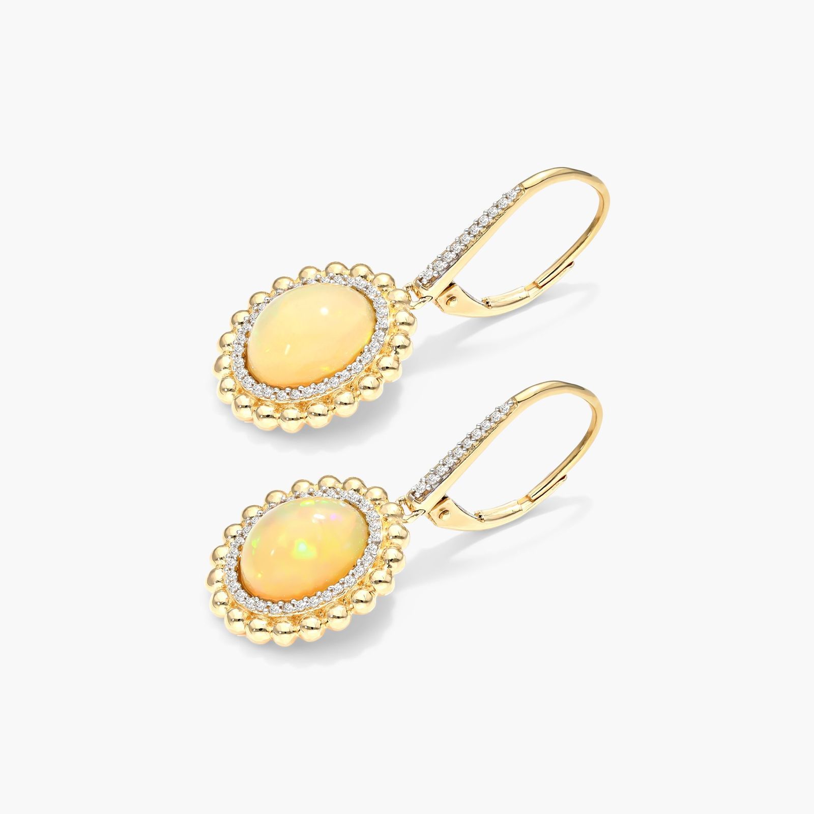 14K Yellow Gold Opal and Diamond Beaded Double Halo Leverback Earrings (10.0x8.0mm) Image-1